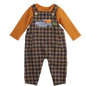 Mud Pie Fall Thanksgiving Pumpkin Patch Truck Overalls Outfit 6-9 Months